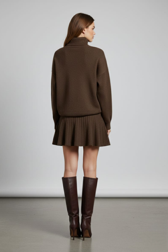 KADIN BOĞAZLI KAZAK ETEK İKİLİ TRİKO TAKIM STANDART - ACI KAHVE