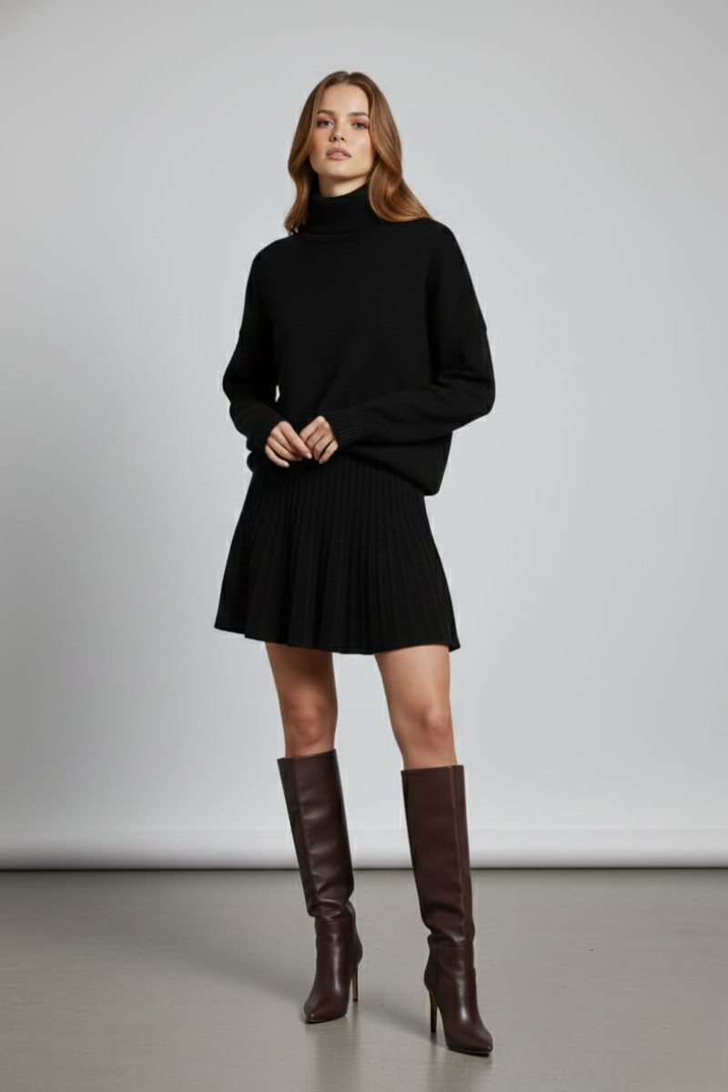 KADIN BOĞAZLI KAZAK ETEK İKİLİ TRİKO TAKIM STANDART - SİYAH