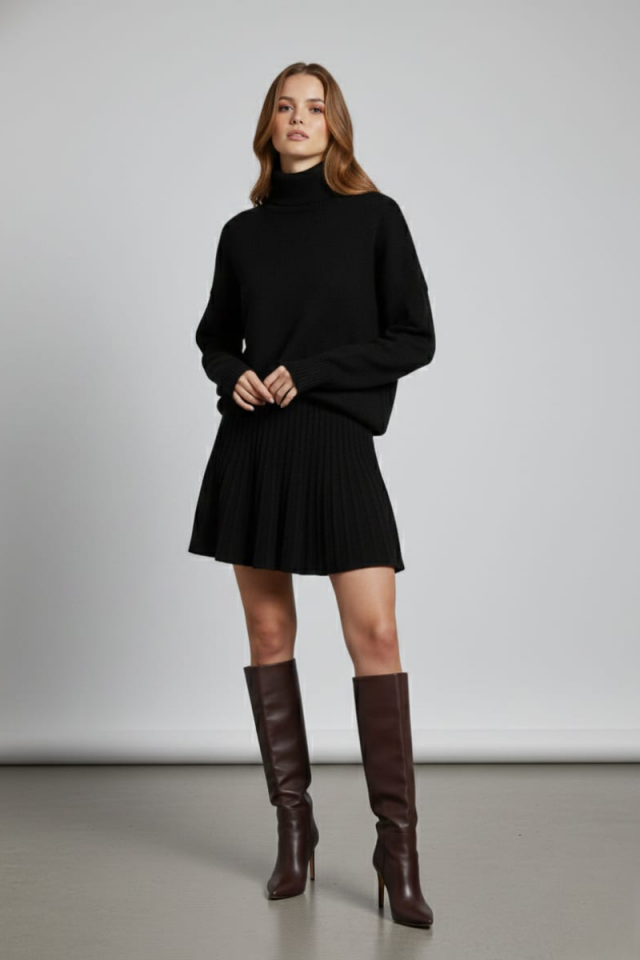 KADIN BOĞAZLI KAZAK ETEK İKİLİ TRİKO TAKIM STANDART - SİYAH