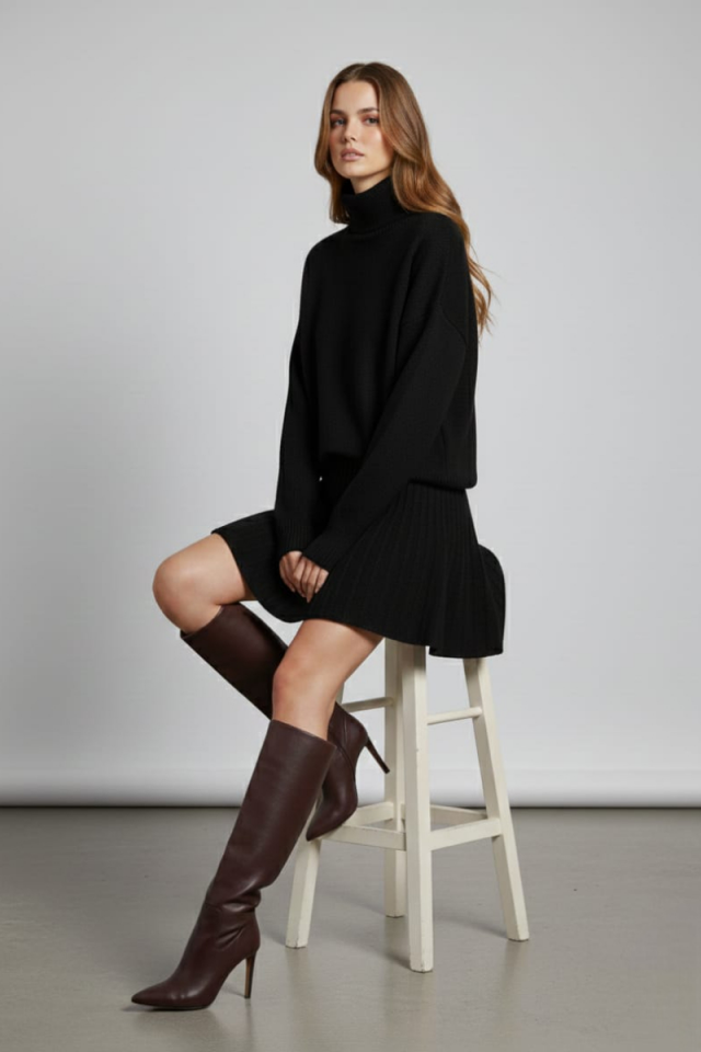 KADIN BOĞAZLI KAZAK ETEK İKİLİ TRİKO TAKIM STANDART - SİYAH