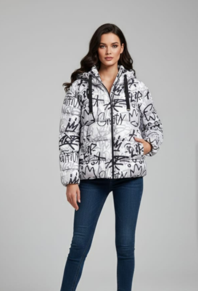 KADIN GRAFİTİ DESENLİ KAPŞONLU ŞİŞME MONT 42 - GRİ
