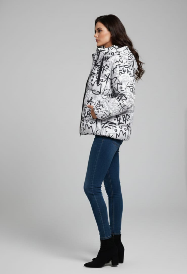 KADIN GRAFİTİ DESENLİ KAPŞONLU ŞİŞME MONT 42 - GRİ