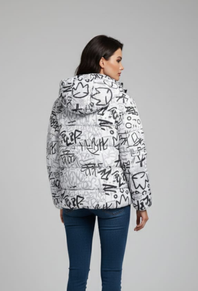 KADIN GRAFİTİ DESENLİ KAPŞONLU ŞİŞME MONT 42 - GRİ