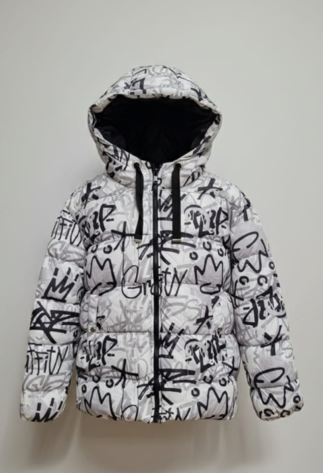 KADIN GRAFİTİ DESENLİ KAPŞONLU ŞİŞME MONT 42 - GRİ