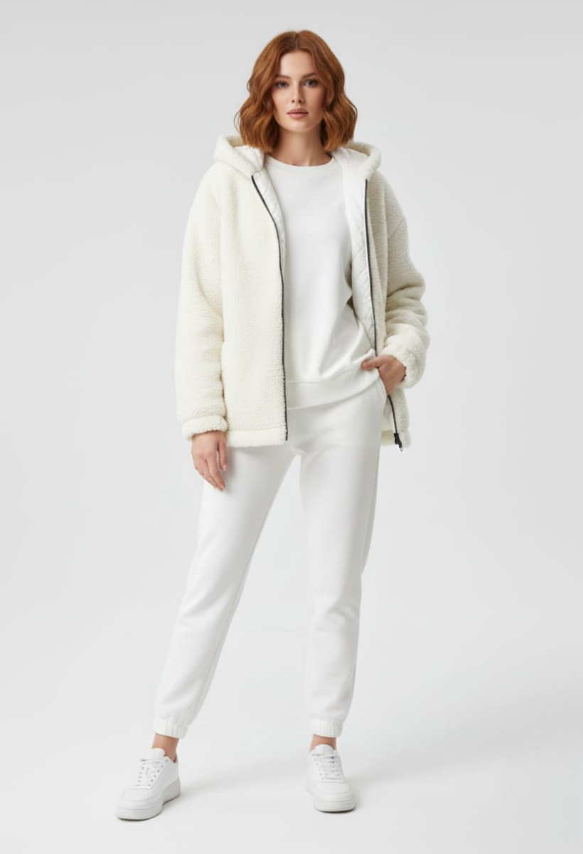 KADIN KAPŞONLU FERMUARLI PELUŞ MONT CEKET 42 - EKRU