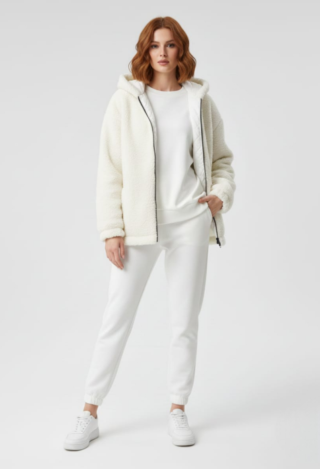KADIN KAPŞONLU FERMUARLI PELUŞ MONT CEKET 42 - EKRU