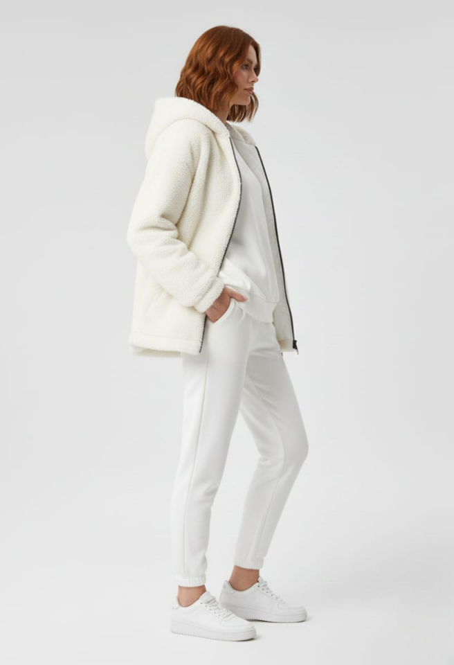 KADIN KAPŞONLU FERMUARLI PELUŞ MONT CEKET 42 - EKRU