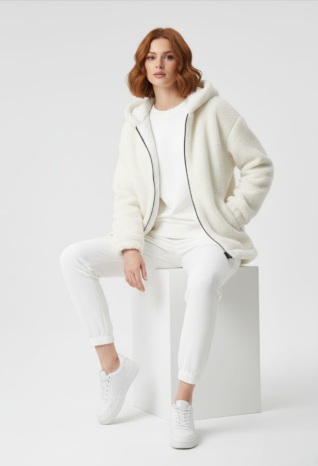 KADIN KAPŞONLU FERMUARLI PELUŞ MONT CEKET 42 - EKRU