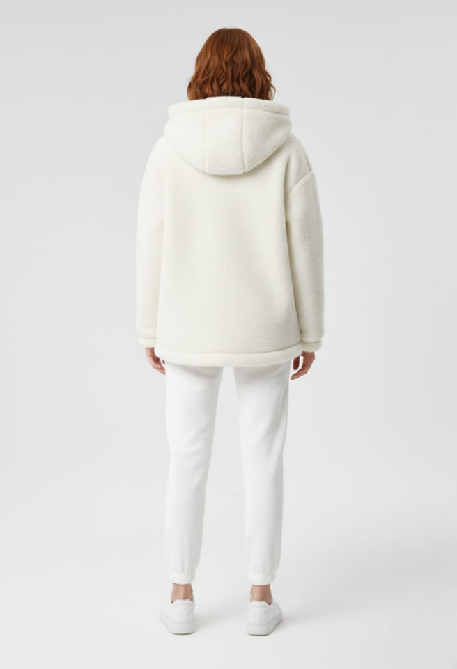 KADIN KAPŞONLU FERMUARLI PELUŞ MONT CEKET 42 - EKRU