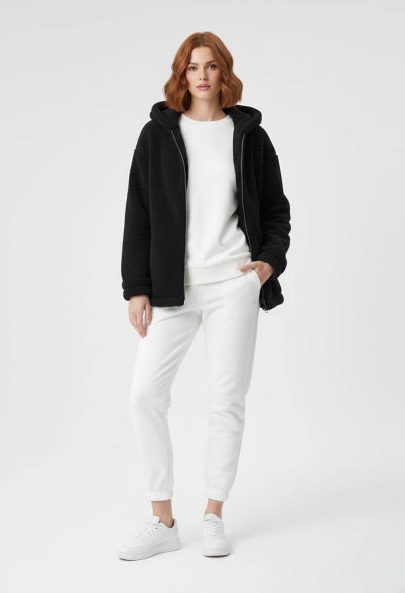 KADIN KAPŞONLU FERMUARLI PELUŞ MONT CEKET 40 - SİYAH