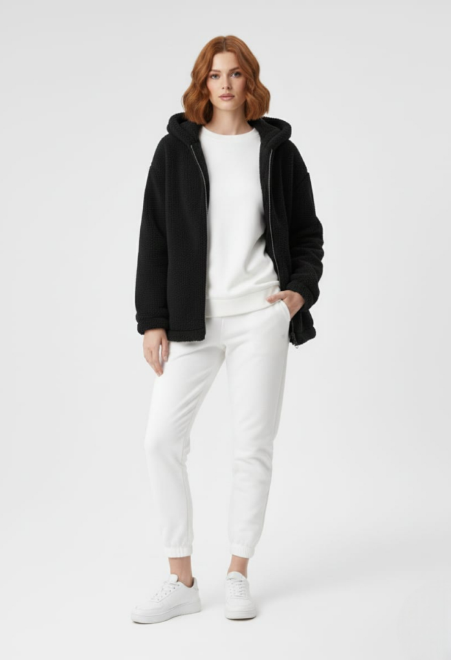 KADIN KAPŞONLU FERMUARLI PELUŞ MONT CEKET 40 - SİYAH