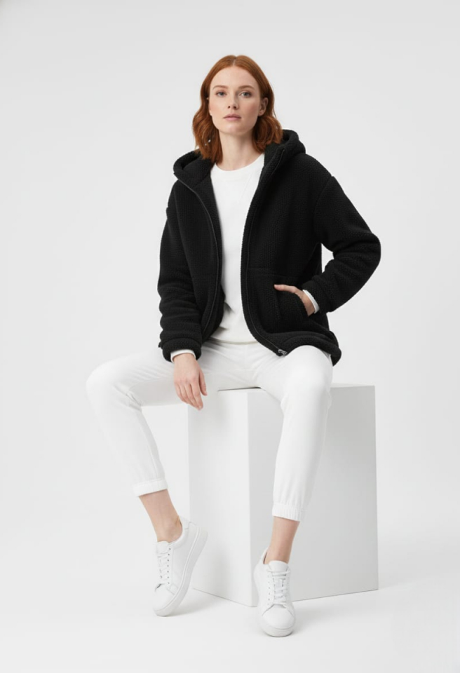 KADIN KAPŞONLU FERMUARLI PELUŞ MONT CEKET 40 - SİYAH