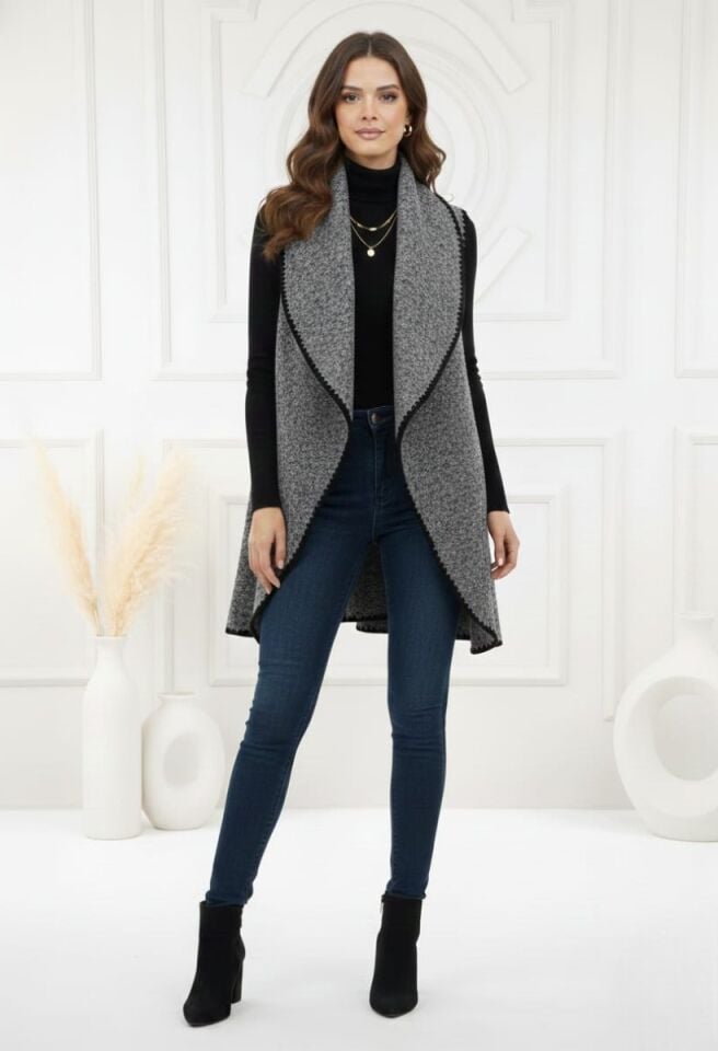 KADIN OVERSİZE ŞAL YAKA KAŞE DOKUMA DİKİŞLİ PANÇO YELEK STANDART - GRİ