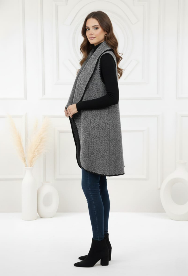 KADIN OVERSİZE ŞAL YAKA KAŞE DOKUMA DİKİŞLİ PANÇO YELEK STANDART - GRİ