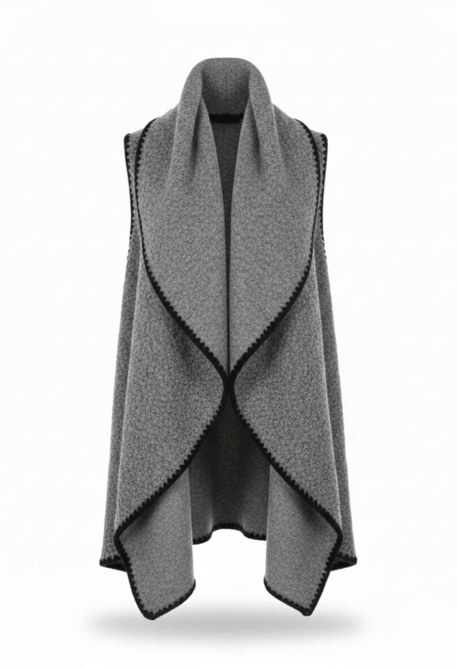 KADIN OVERSİZE ŞAL YAKA KAŞE DOKUMA DİKİŞLİ PANÇO YELEK STANDART - GRİ