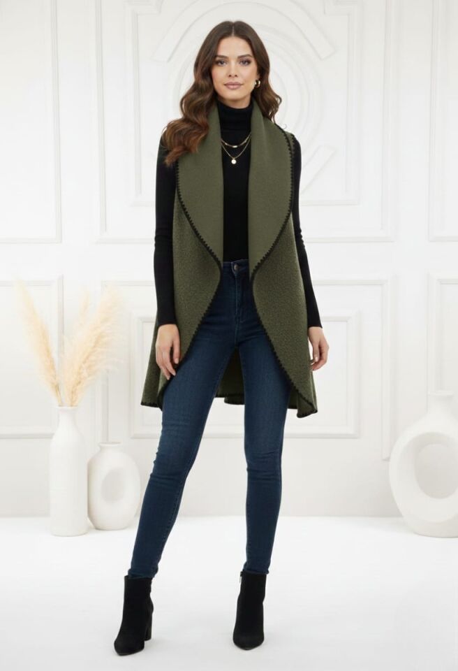 KADIN OVERSİZE ŞAL YAKA KAŞE DOKUMA DİKİŞLİ PANÇO YELEK STANDART - HAKİ