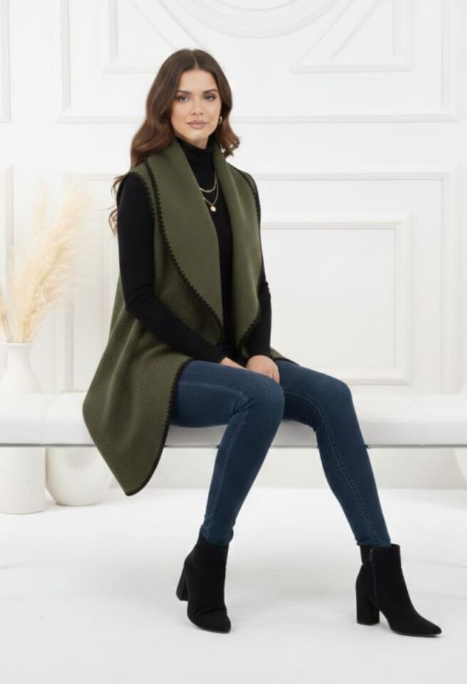 KADIN OVERSİZE ŞAL YAKA KAŞE DOKUMA DİKİŞLİ PANÇO YELEK STANDART - HAKİ