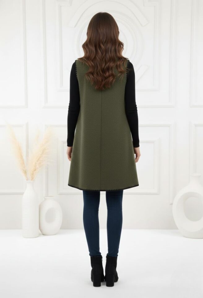 KADIN OVERSİZE ŞAL YAKA KAŞE DOKUMA DİKİŞLİ PANÇO YELEK STANDART - HAKİ