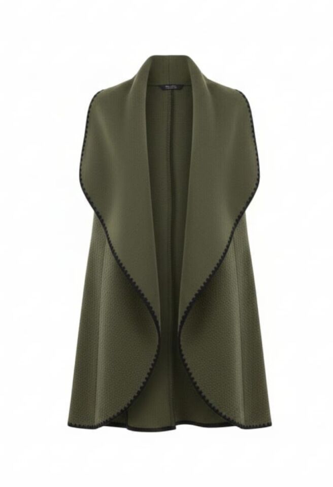 KADIN OVERSİZE ŞAL YAKA KAŞE DOKUMA DİKİŞLİ PANÇO YELEK STANDART - HAKİ