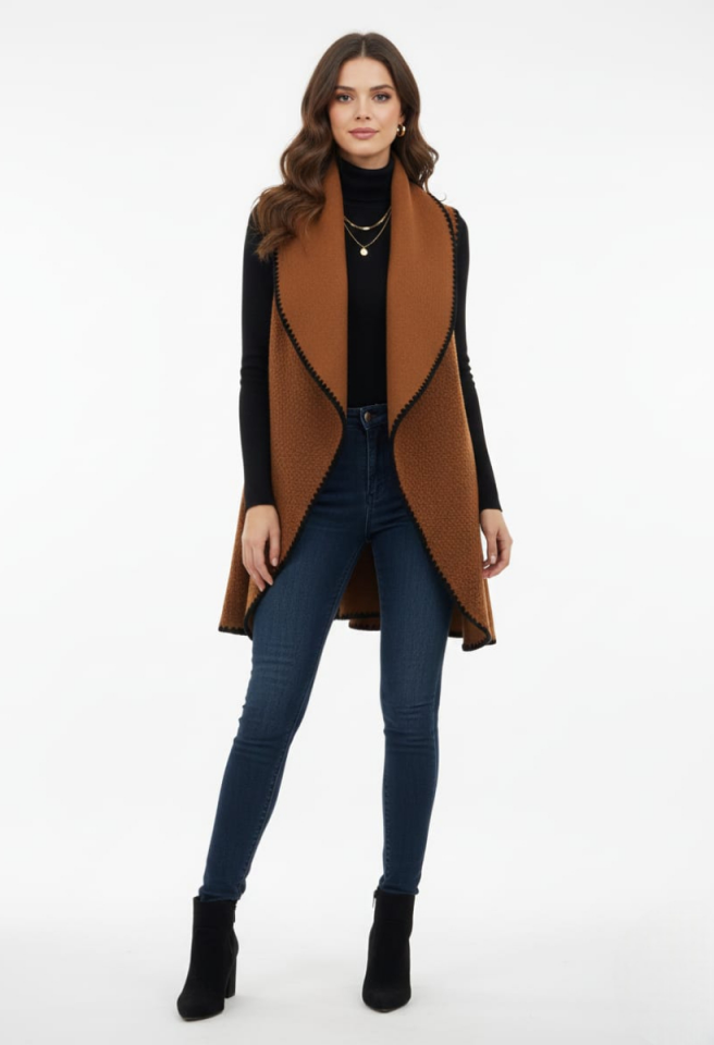 KADIN OVERSİZE ŞAL YAKA KAŞE DOKUMA DİKİŞLİ PANÇO YELEK STANDART - TABA