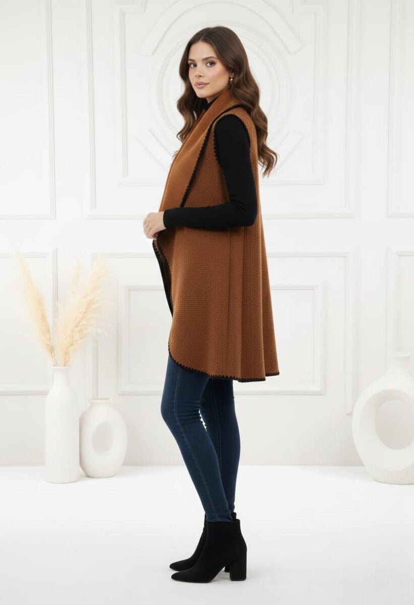 KADIN OVERSİZE ŞAL YAKA KAŞE DOKUMA DİKİŞLİ PANÇO YELEK STANDART - TABA