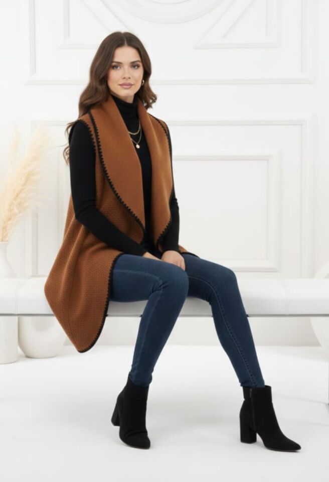 KADIN OVERSİZE ŞAL YAKA KAŞE DOKUMA DİKİŞLİ PANÇO YELEK STANDART - TABA