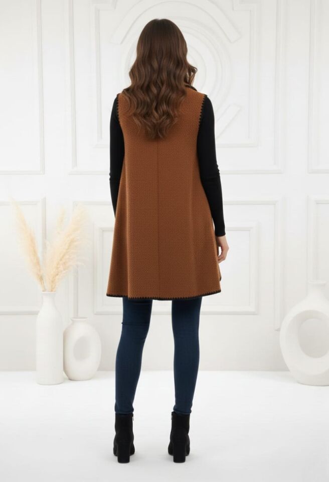 KADIN OVERSİZE ŞAL YAKA KAŞE DOKUMA DİKİŞLİ PANÇO YELEK STANDART - TABA