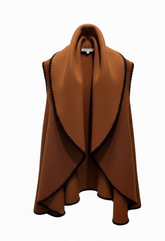 KADIN OVERSİZE ŞAL YAKA KAŞE DOKUMA DİKİŞLİ PANÇO YELEK STANDART - TABA