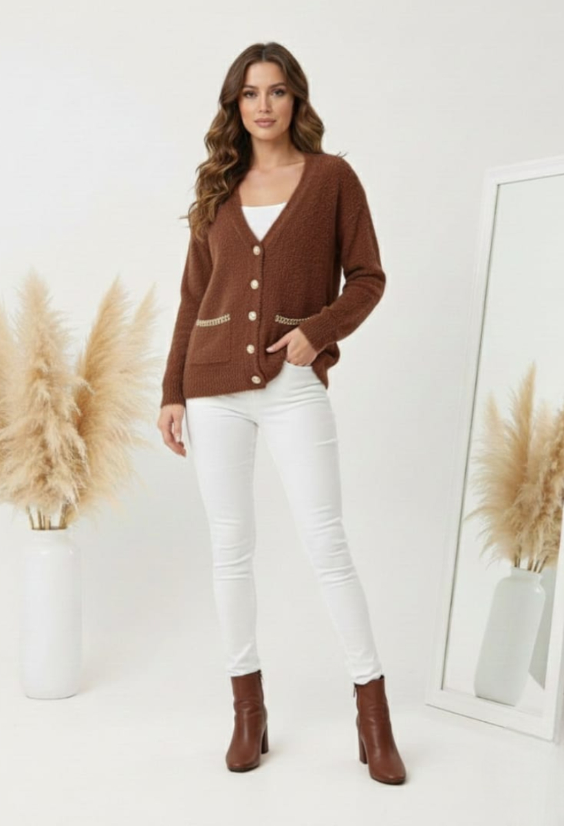 KADIN ZİGZAG BİYE CEPLİ GOLD DETAY DÜĞMELİ PELUŞ CEKET HIRKA STANDART - KAHVERENGİ