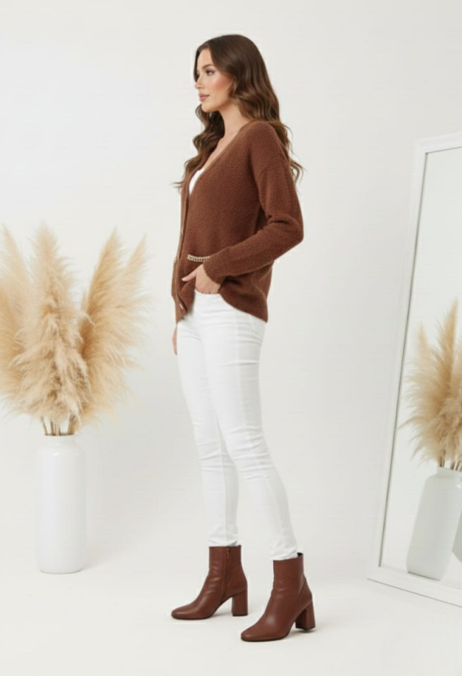 KADIN ZİGZAG BİYE CEPLİ GOLD DETAY DÜĞMELİ PELUŞ CEKET HIRKA STANDART - KAHVERENGİ