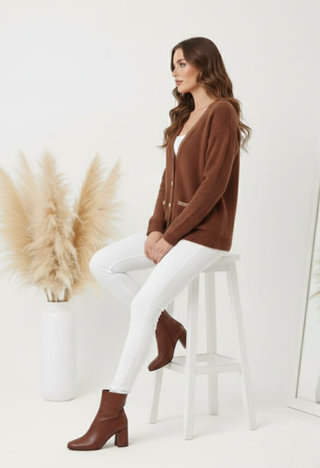 KADIN ZİGZAG BİYE CEPLİ GOLD DETAY DÜĞMELİ PELUŞ CEKET HIRKA STANDART - KAHVERENGİ