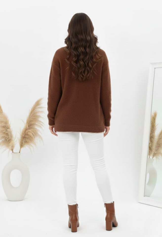 KADIN ZİGZAG BİYE CEPLİ GOLD DETAY DÜĞMELİ PELUŞ CEKET HIRKA STANDART - KAHVERENGİ