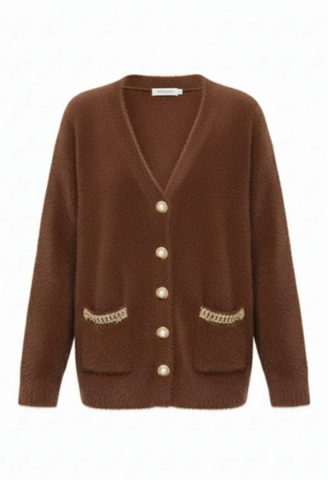 KADIN ZİGZAG BİYE CEPLİ GOLD DETAY DÜĞMELİ PELUŞ CEKET HIRKA STANDART - KAHVERENGİ