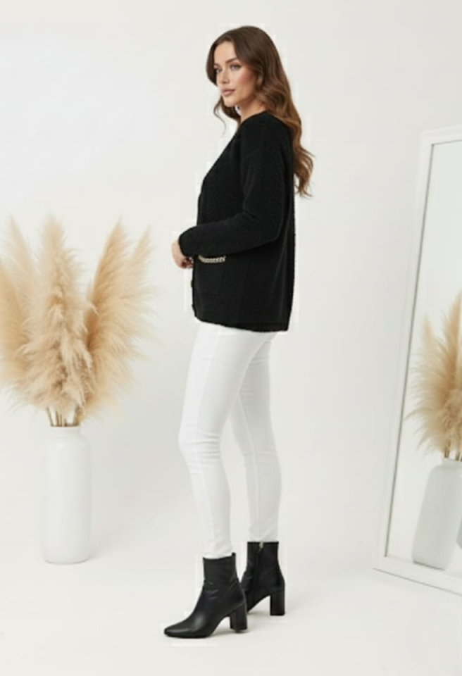 KADIN ZİGZAG BİYE CEPLİ GOLD DETAY DÜĞMELİ PELUŞ CEKET HIRKA STANDART - SİYAH