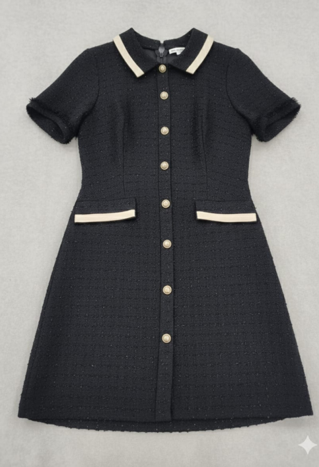 KADIN SİMLİ TÜVİT KUMAŞ DÜĞME DETAYLI ELBİSE 2XL - SİYAH