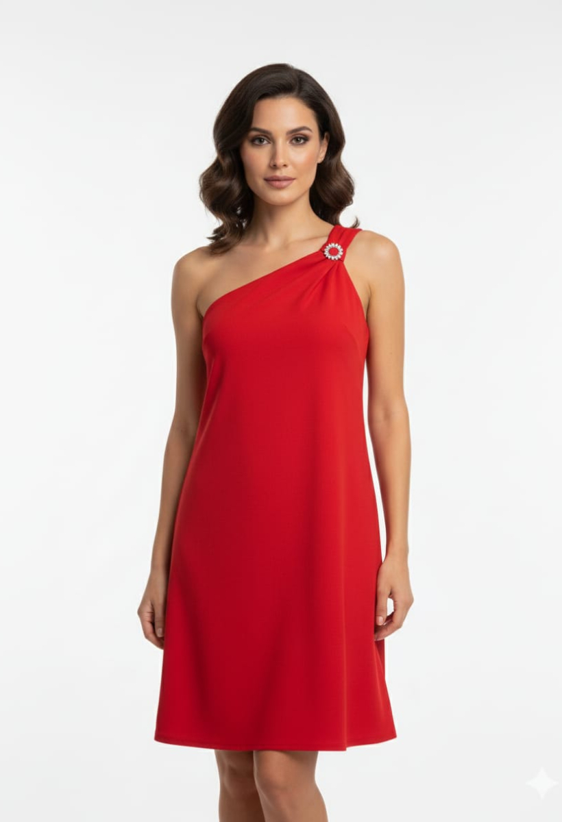 KADIN TEK OMUZ TAŞLI TOKA DETAYLI MİNİ ELBİSE 2XL - KIRMIZI