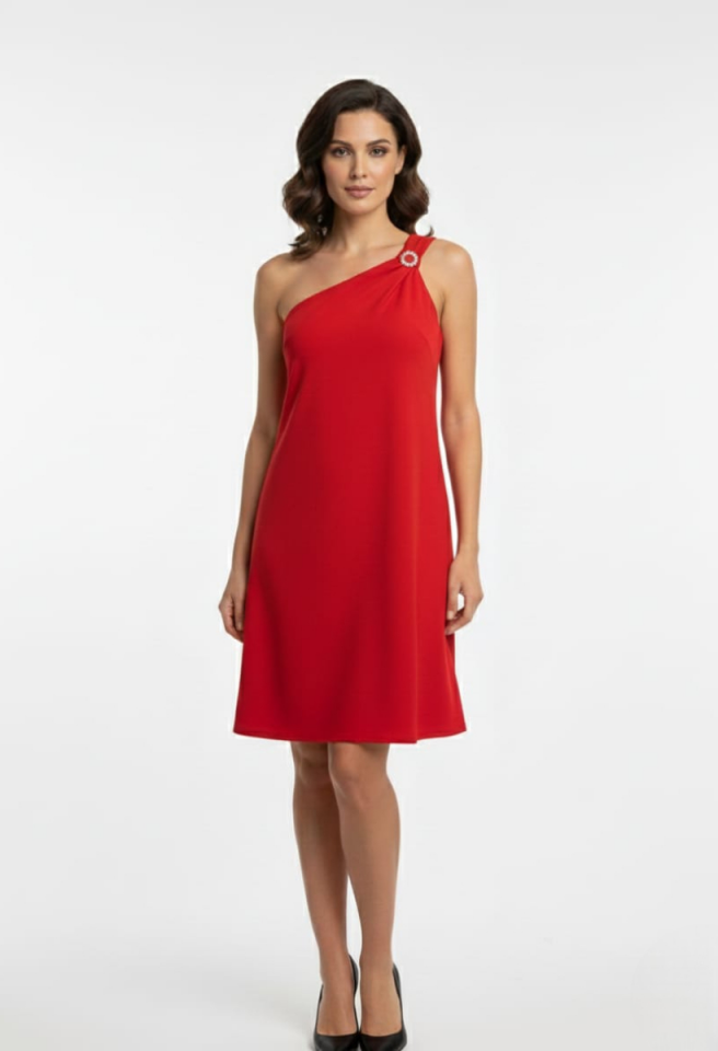 KADIN TEK OMUZ TAŞLI TOKA DETAYLI MİNİ ELBİSE 2XL - KIRMIZI