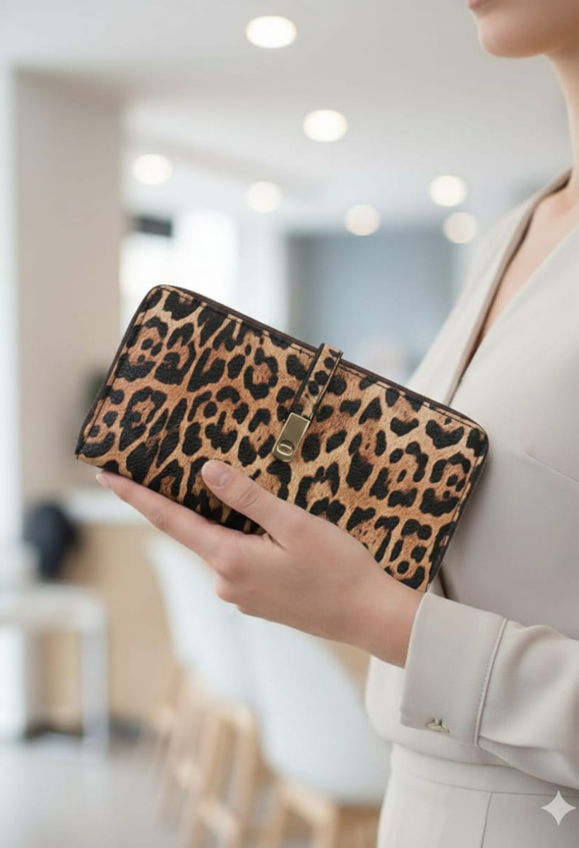 KADIN TOKALI PARA VE KART BÖLMELİ ŞIK EL CÜZDANI KAHVERENGİ LEOPAR