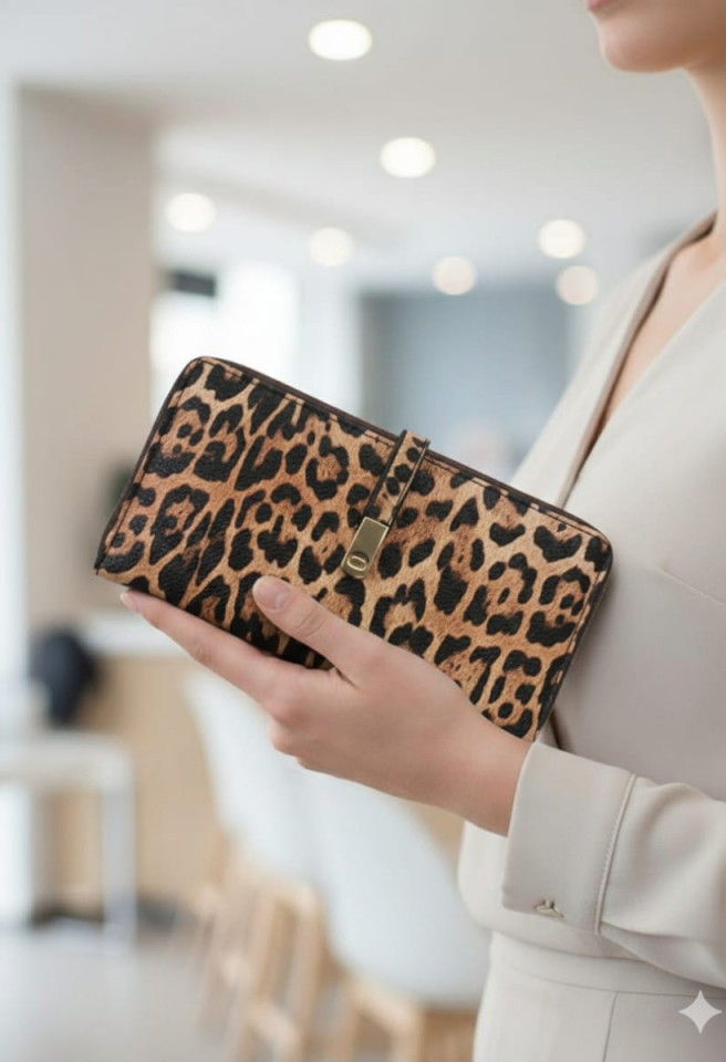 KADIN TOKALI PARA VE KART BÖLMELİ ŞIK EL CÜZDANI KAHVERENGİ LEOPAR