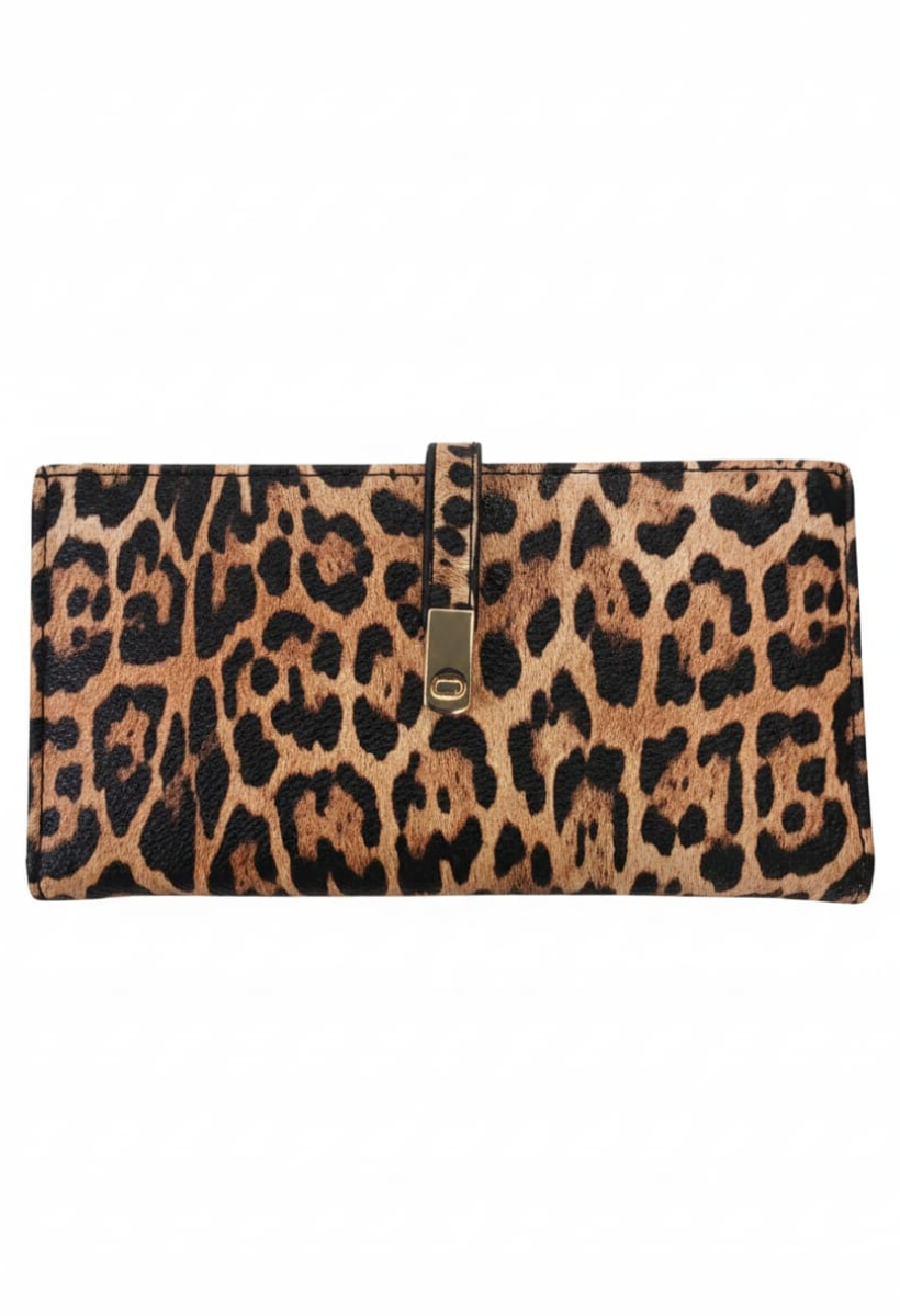 KADIN TOKALI PARA VE KART BÖLMELİ ŞIK EL CÜZDANI KAHVERENGİ LEOPAR