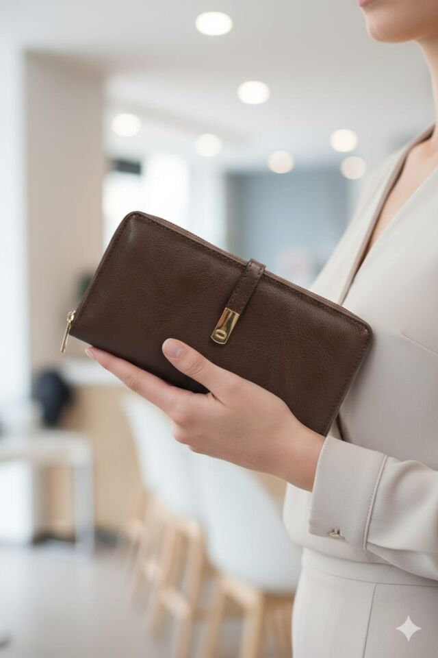 KADIN TOKALI PARA VE KART BÖLMELİ ŞIK EL CÜZDANI ACI KAHVE