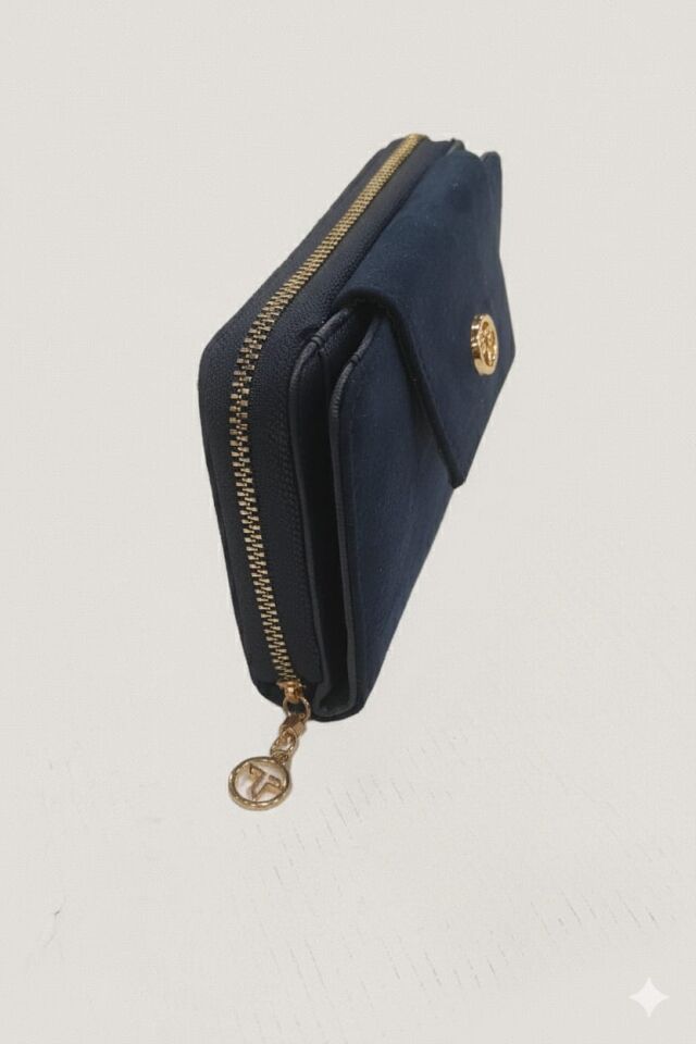 KADIN SÜET KAPAKLI FERMUARLI CÜZDAN LACİVERT