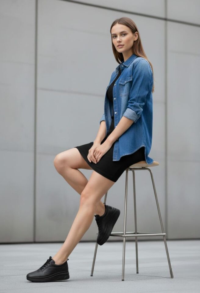 KADIN HAKİKİ DERİ COMFORT ORTOPEDİK TABANLI AKILLI BAĞCIKLI GÜNLÜK AYAKKABI SİYAH - 40