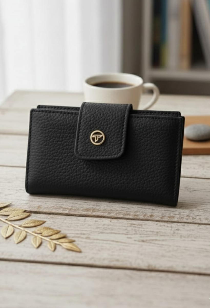 KADIN ORTA BOY FERMUARLI LOGO DETAYLI KART BÖLMELİ ŞIK CÜZDAN SİYAH