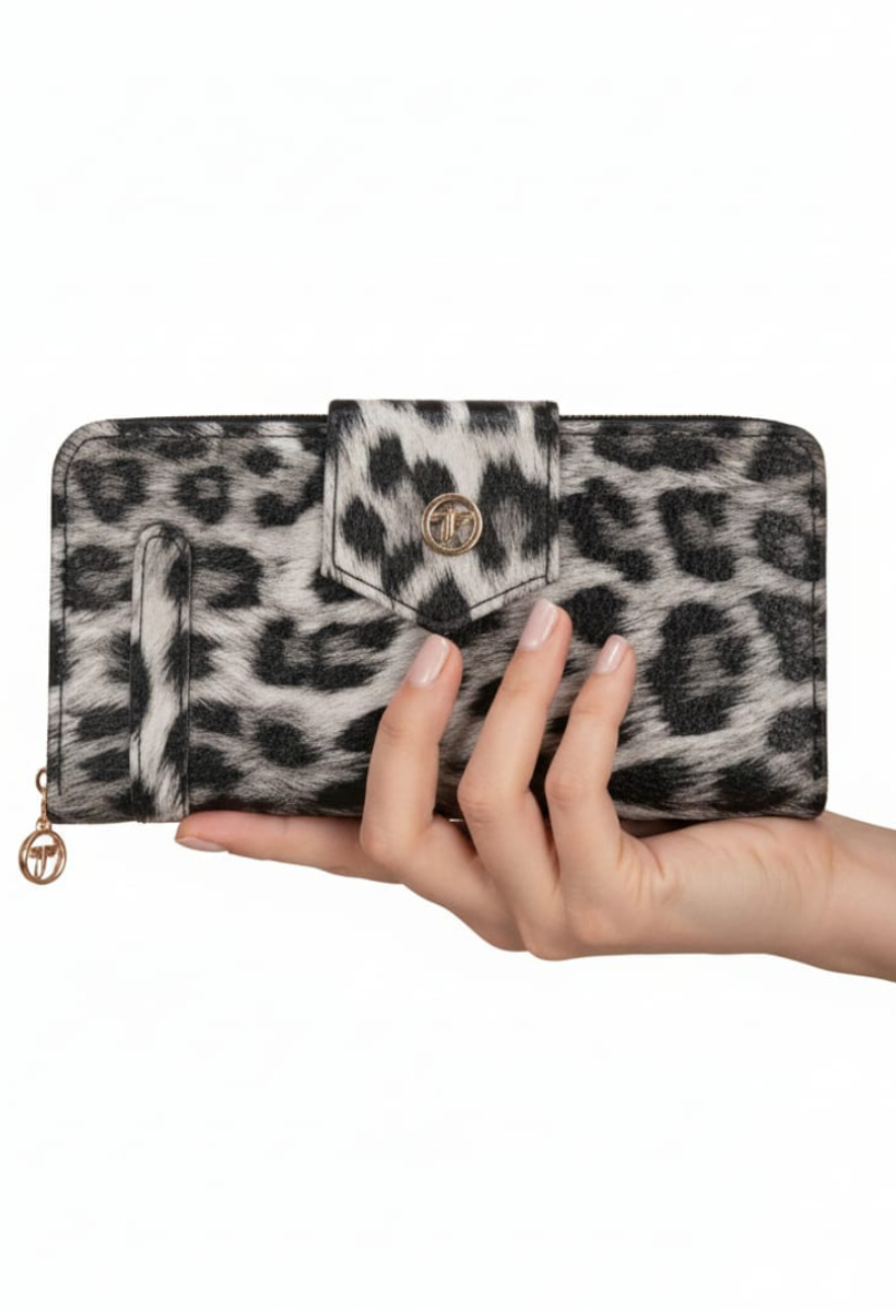KADIN KALIN KAPAKLI FERMUARLI KARTLIK CÜZDAN SİYAH LEOPAR