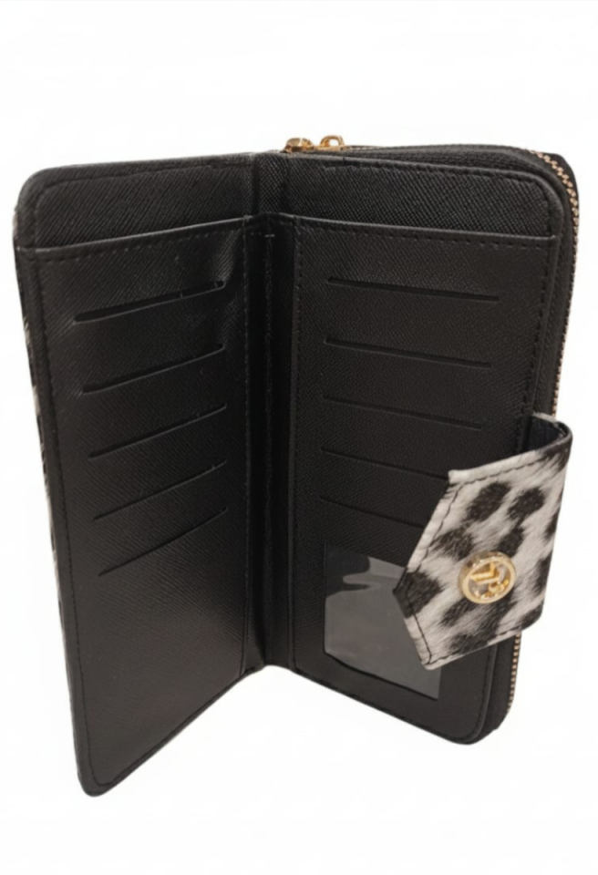 KADIN KALIN KAPAKLI FERMUARLI KARTLIK CÜZDAN SİYAH LEOPAR