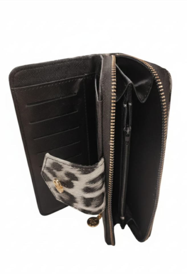 KADIN KALIN KAPAKLI FERMUARLI KARTLIK CÜZDAN SİYAH LEOPAR