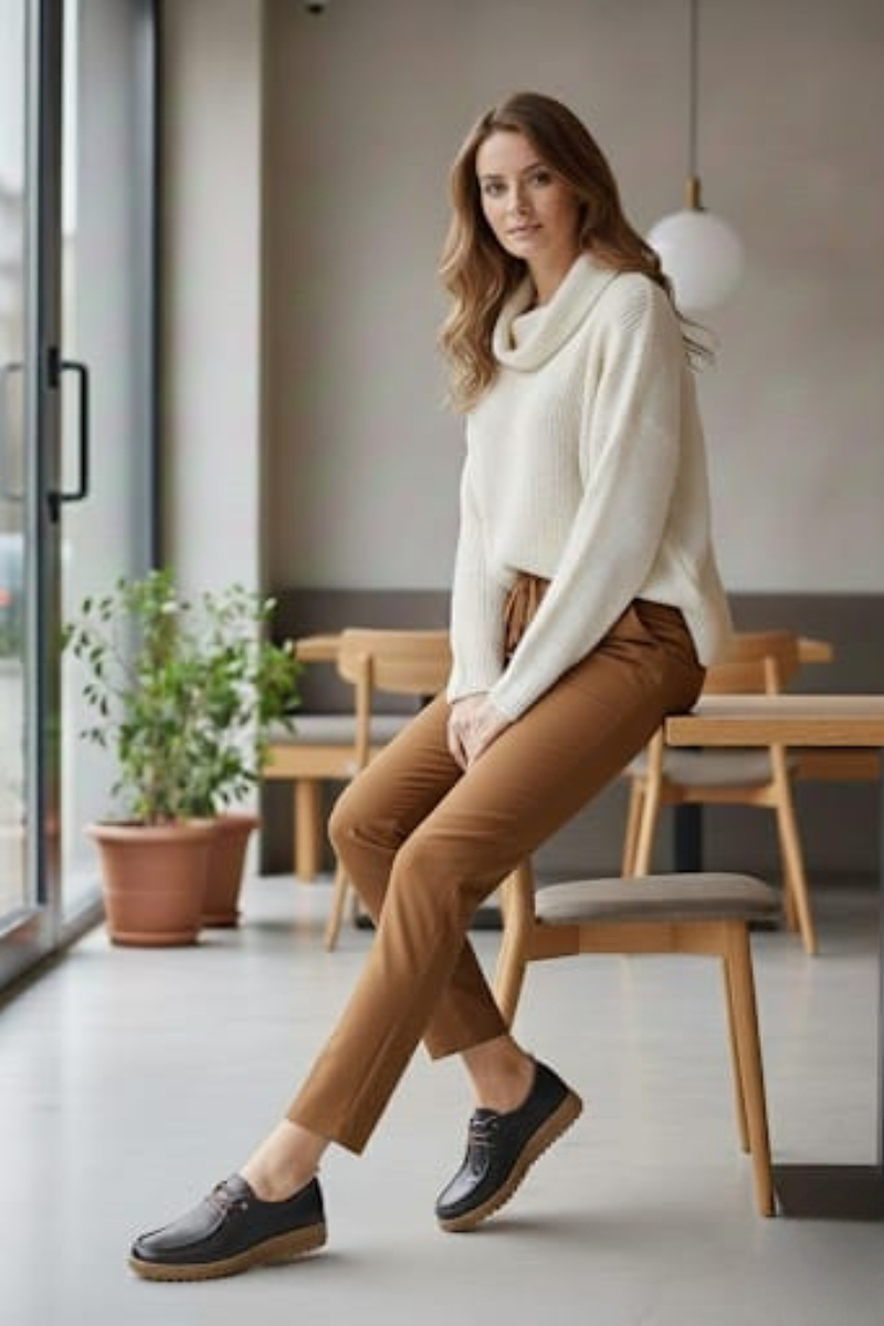 KADIN HAKİKİ DERİ ORTOPEDİK TABANLI AKILLI BAĞCIKLI CASUAL AYAKKABI 40 - SİYAH/TABA