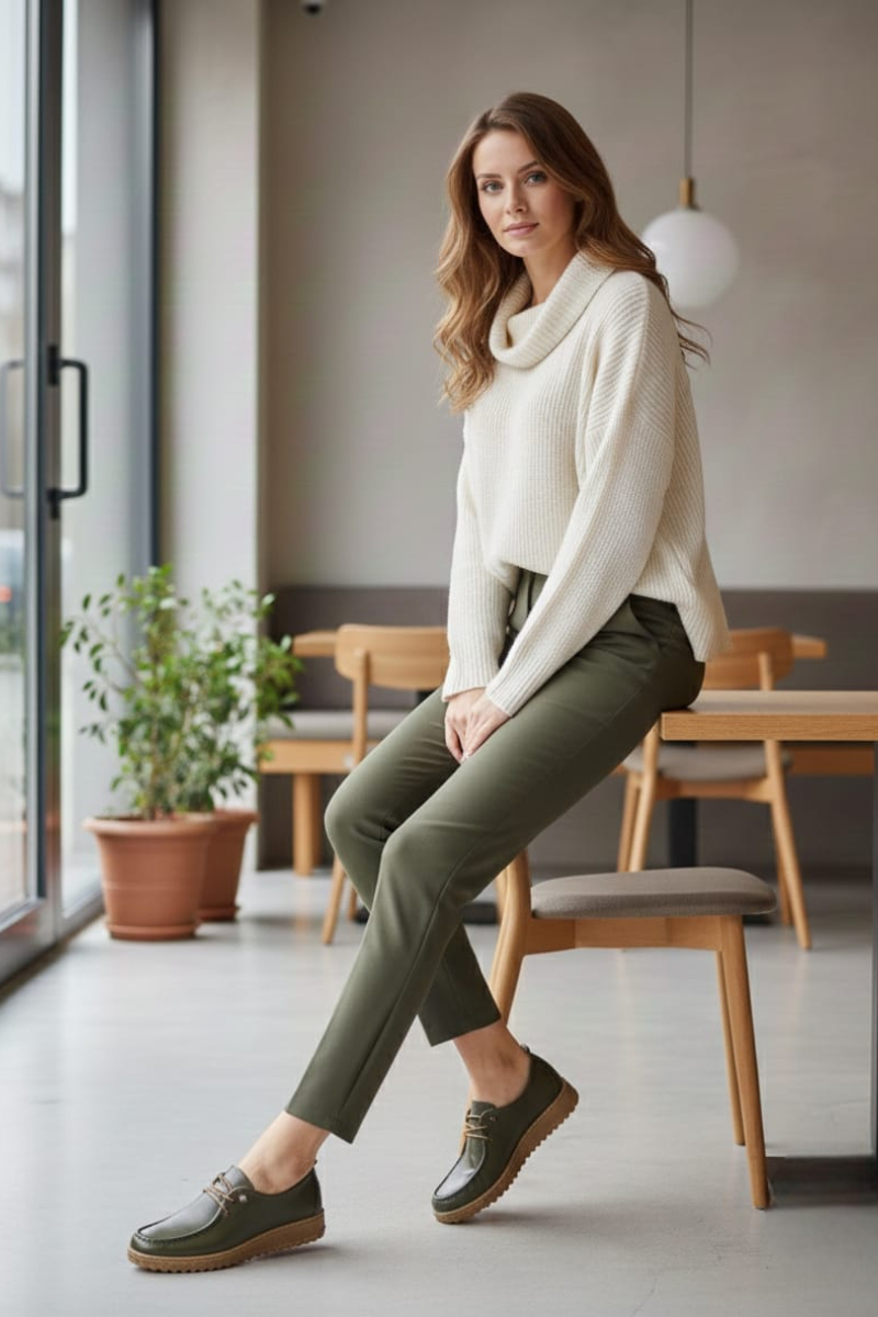 KADIN HAKİKİ DERİ ORTOPEDİK TABANLI AKILLI BAĞCIKLI CASUAL AYAKKABI 40 - HAKİ/TABA