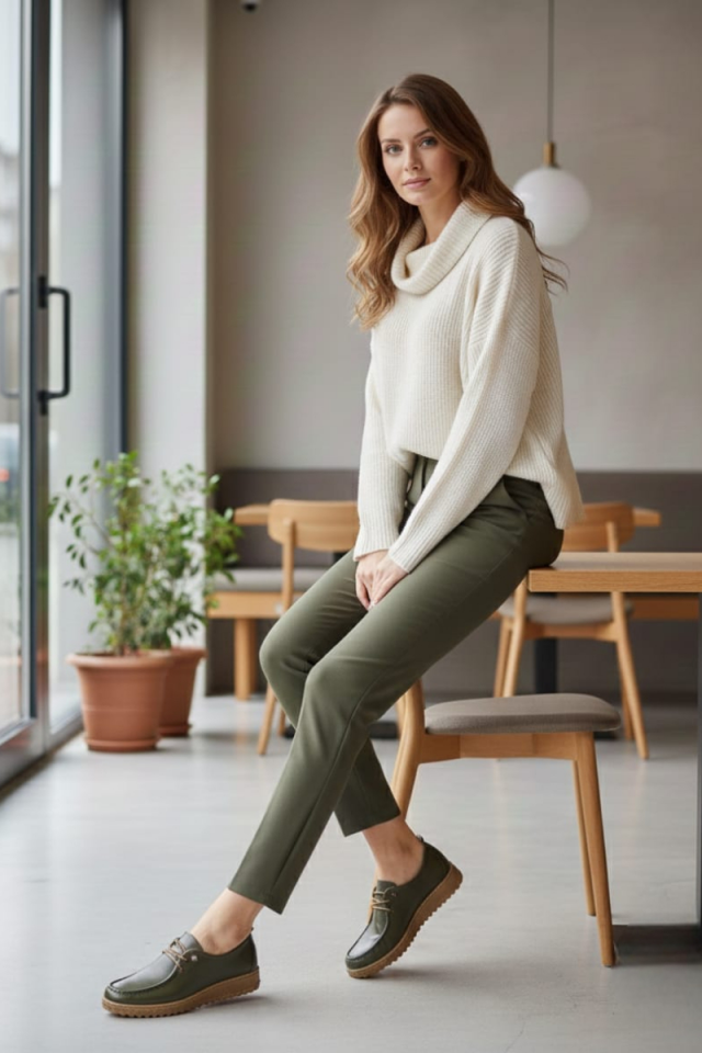 KADIN HAKİKİ DERİ ORTOPEDİK TABANLI AKILLI BAĞCIKLI CASUAL AYAKKABI 40 - HAKİ/TABA